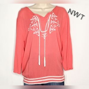 🐈Hannah boho embroidery 3/4 sleeve top coral sz:S
